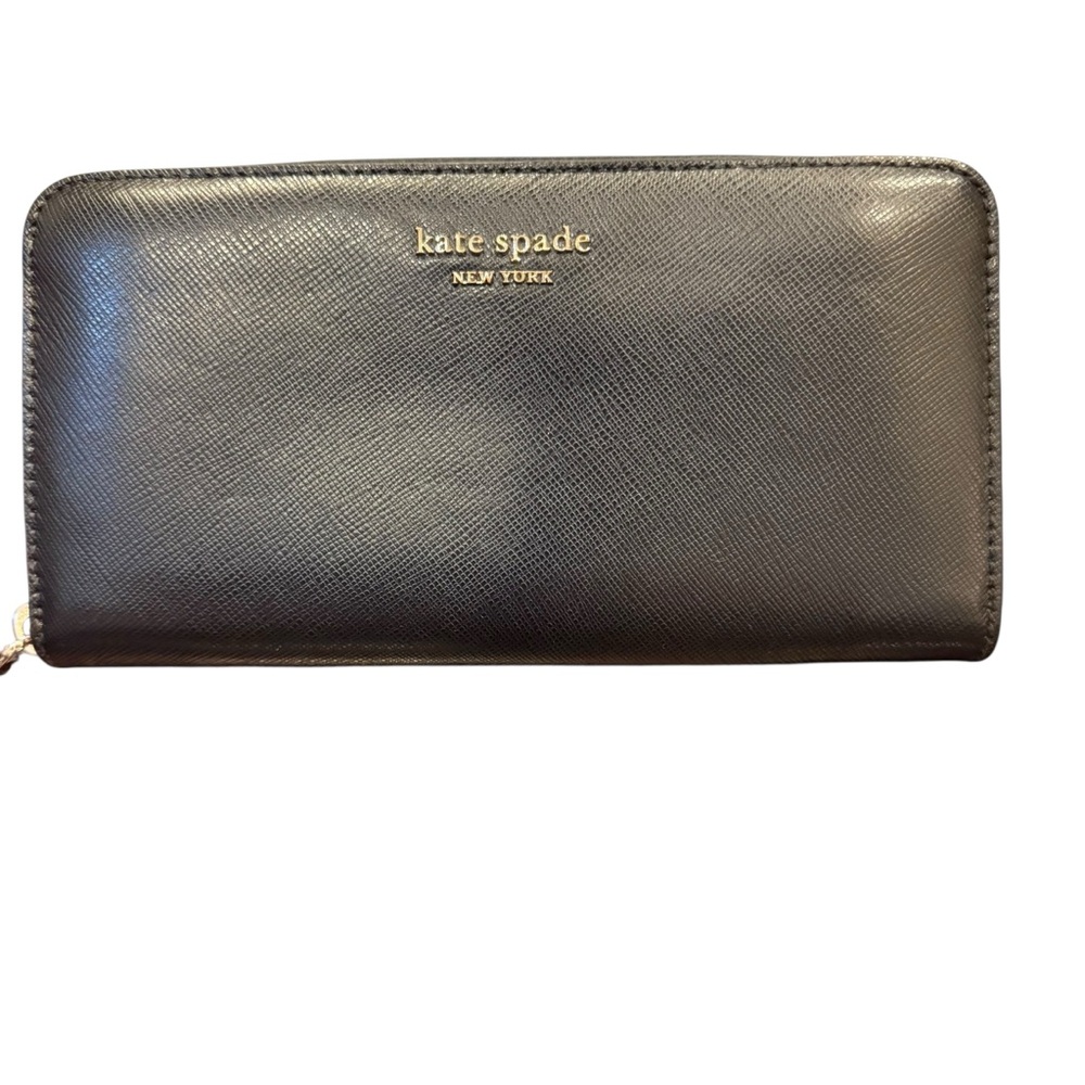Kate Spade Black Saffiano Leather Textured Long Zip Around Wallet